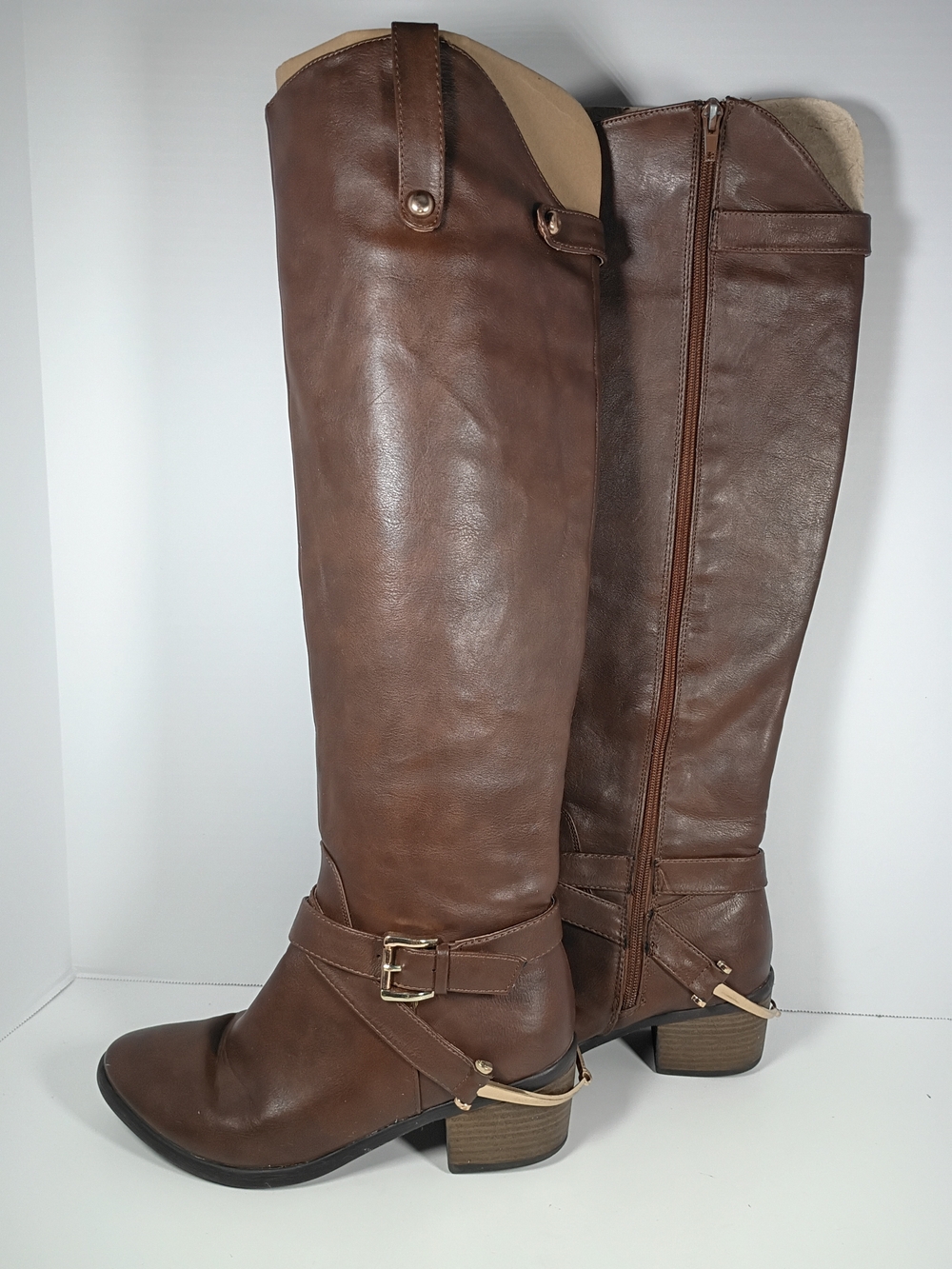 Francesca's Brown Knee High Riding Boot Buckle Zip Round Toe Women's Size 7.5